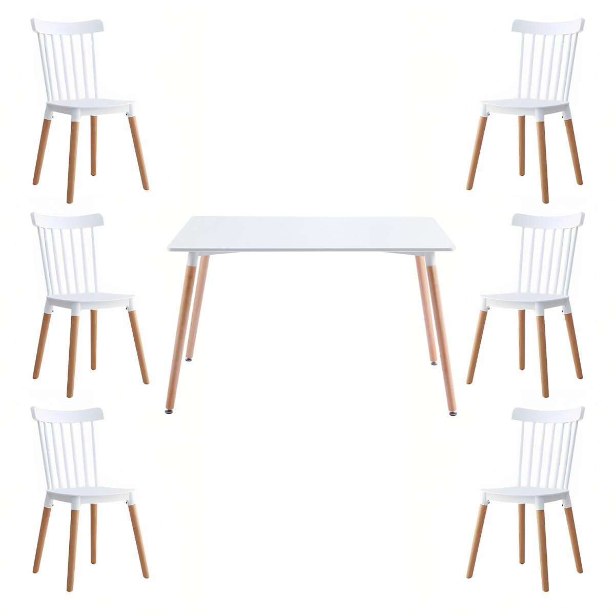 Comedor Mesa Rectangular blanca 120x80 + 6 sillas Windsor blanca