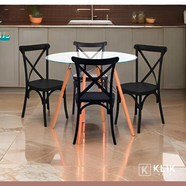 Comedor Mesa Eames Vidrio 80cm + 4 Sillas Crossback Negras