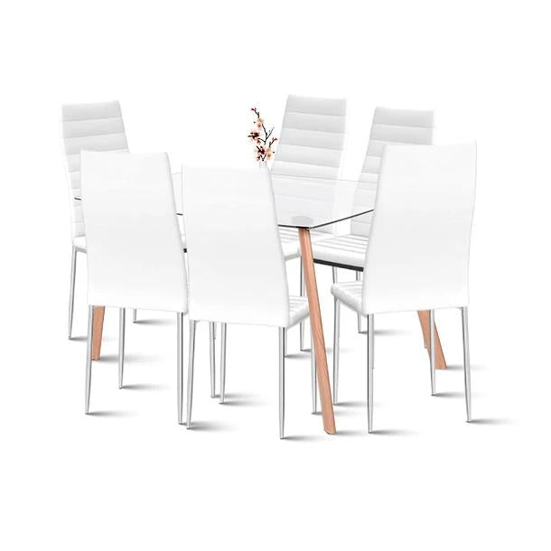 Comedor Mesa de Vidrio Rectangular 140x90cm + 6 Sillas Dining Liana Acolchadas - Blancas