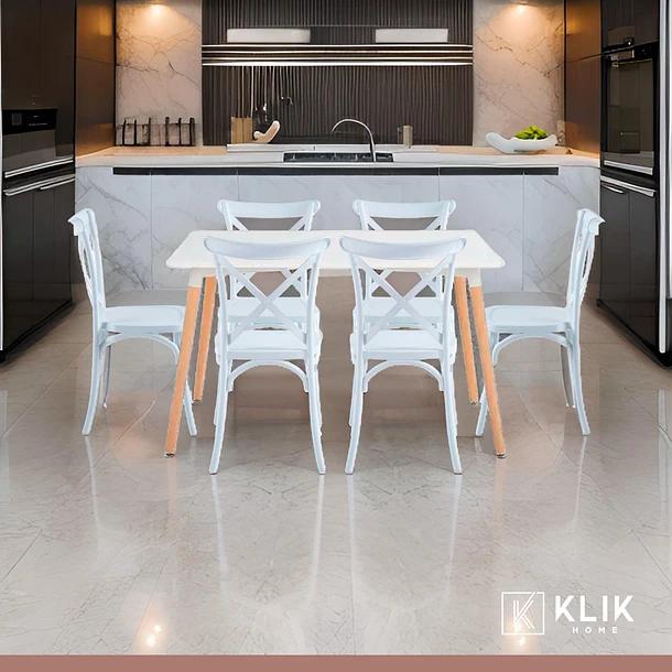 Comedor Rectangular Blanco 120x80cm + 6 Silla Crossback Danubio Blanca