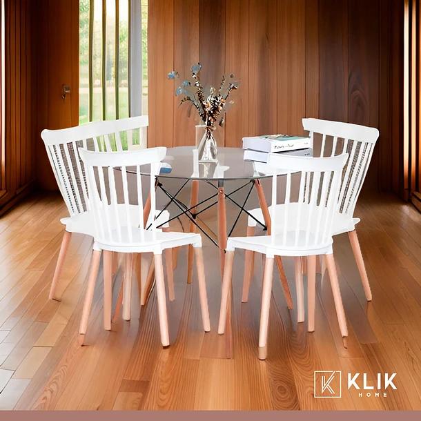 Comedor Mesa Eames Redonda vidrio 80cm + 4 Sillas Windsor Blancas