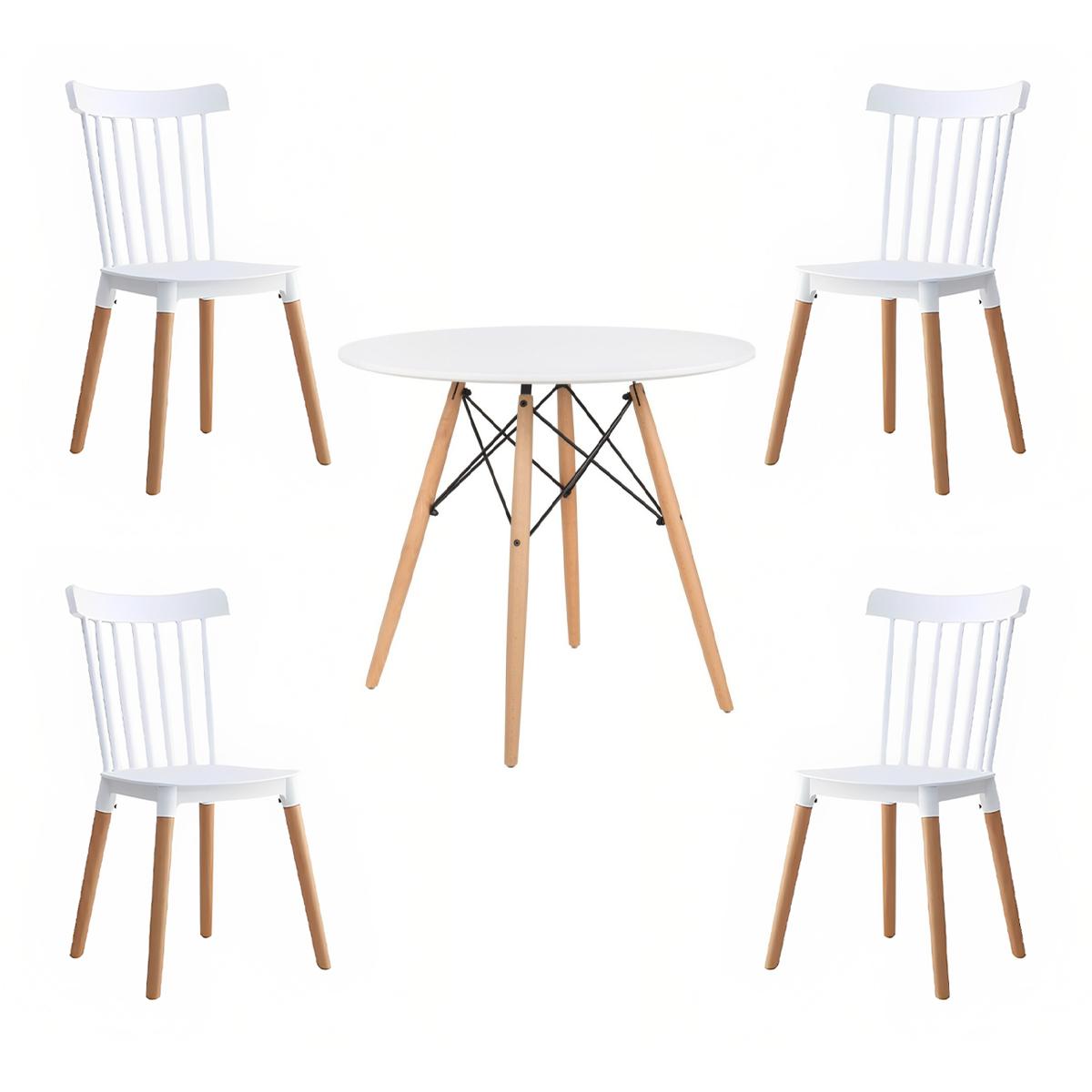 Comedor Mesa Redonda blanca 80cm + 4 sillas Windsor blanca