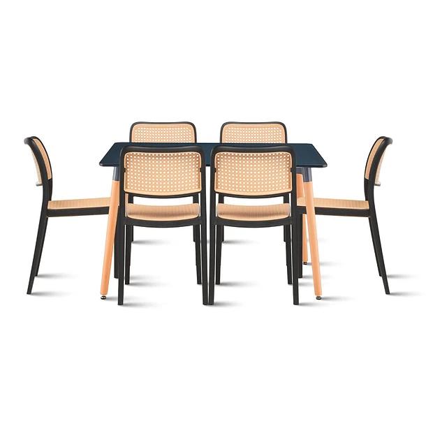 Comedor Mesa 120x80 Rectangular Negra + 6 Sillas de Comedor Enrejada