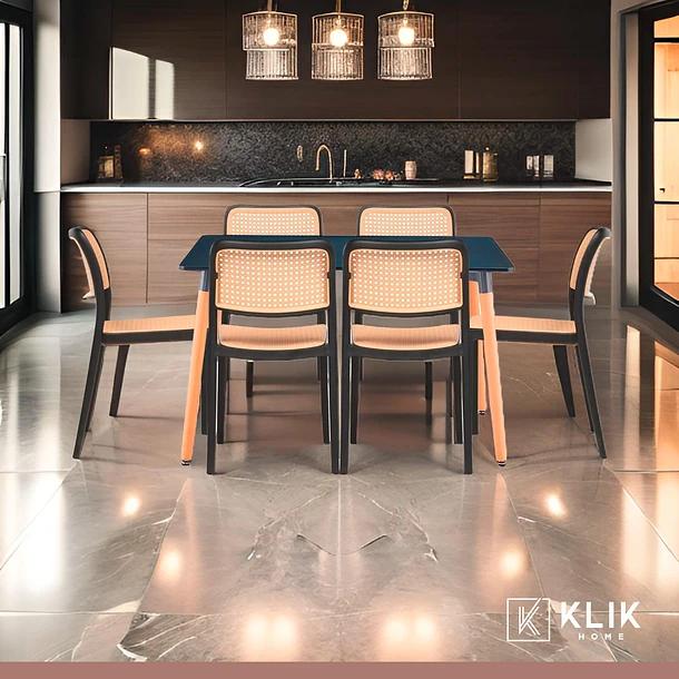 Comedor Mesa 120x80 Rectangular Negra + 6 Sillas de Comedor Enrejada