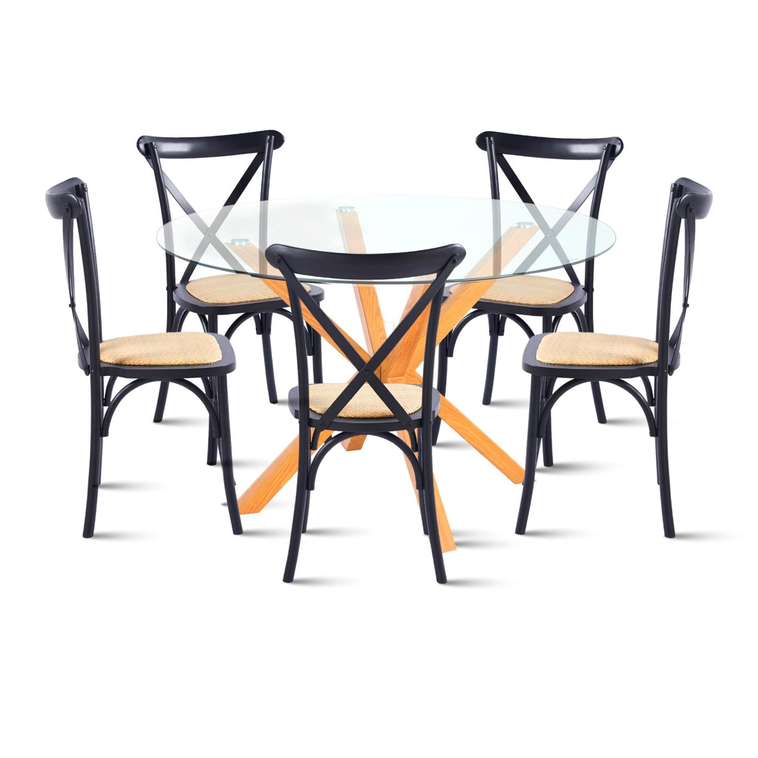 Comedor redonda de vidrio Cross 120cm + 5 Silla Crossback Madera Negra