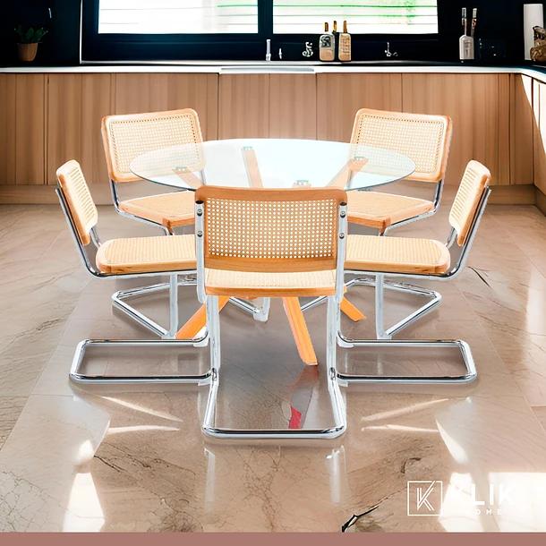 Comedor Mesa redonda de vidrio Cross 120cm + 5 Sillas Breuer madera
