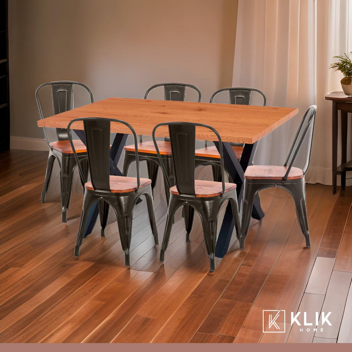 Comedor Color Madera y Metal Cross 140x90 + 6 sillas Tolix con asiento de madera Oscura - Negras