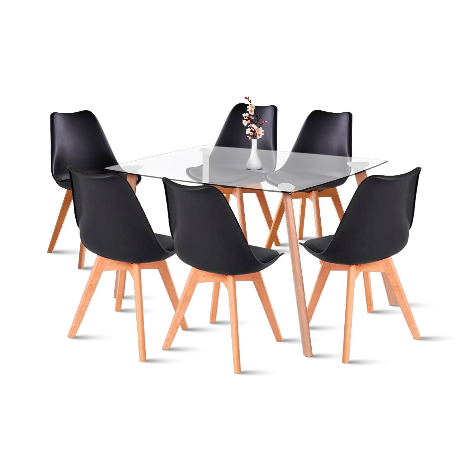 Comedor Mesa de Vidrio Nórdica 140x90 cm + 6 Sillas Tulip Negras