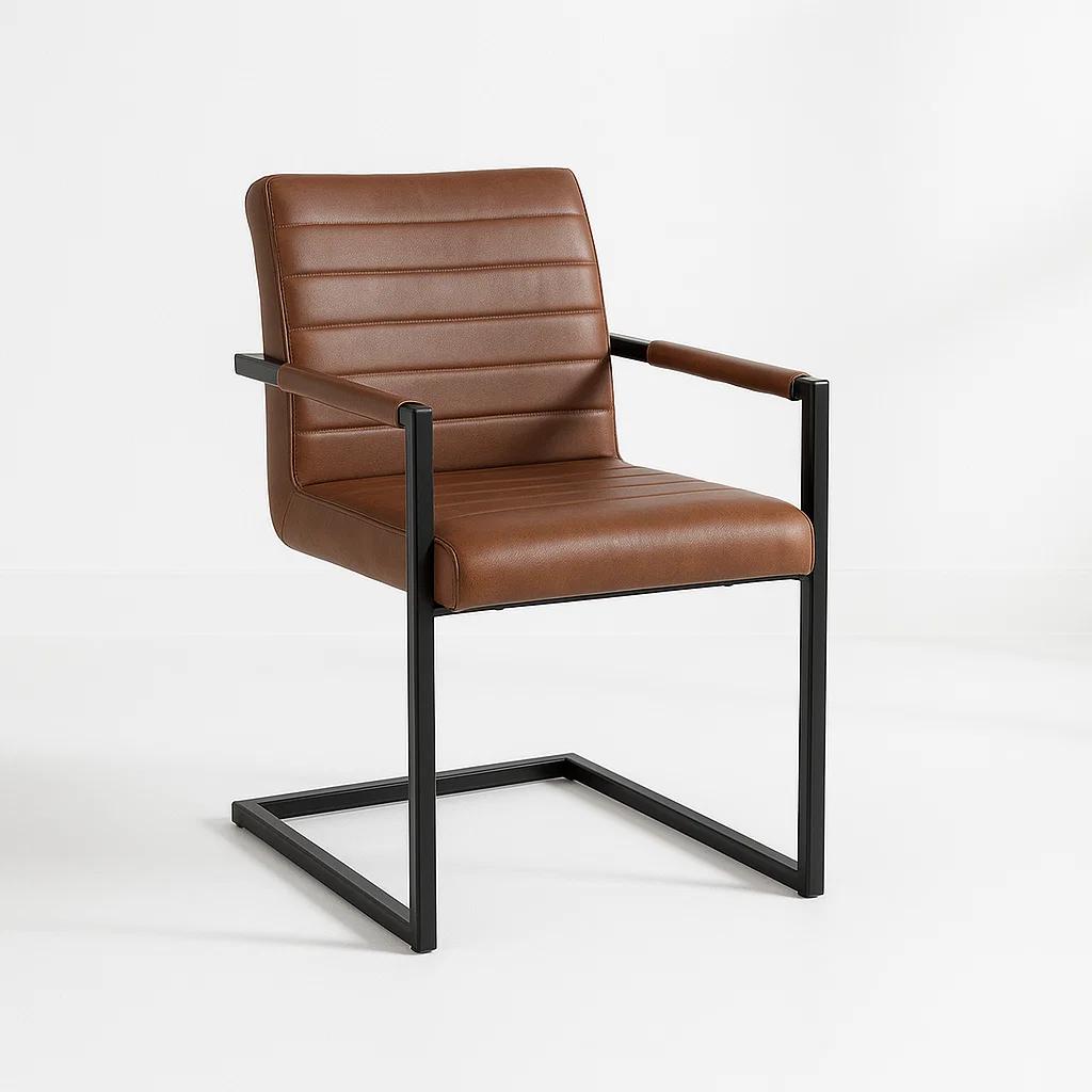 Silla Industrial de Cuero Sintético Marrón con Base Metálica – Café