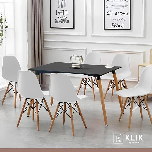 Comedor Mesa Rectangular Negra + 6 Sillas Eames Blancas