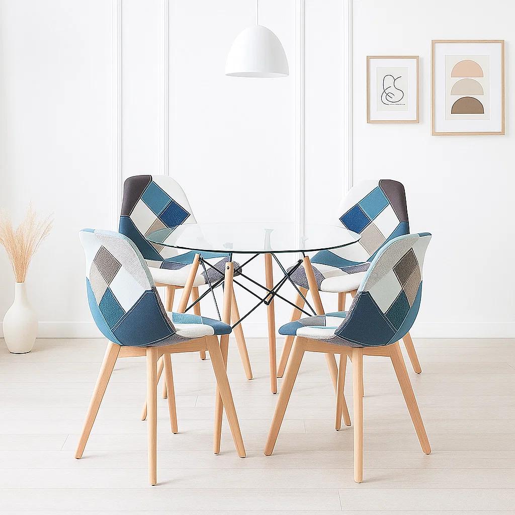 Comedor Mesa Eames Redonda vidrio 80cm + 4 Sillas Eames Patchwork Tela Wood Celeste