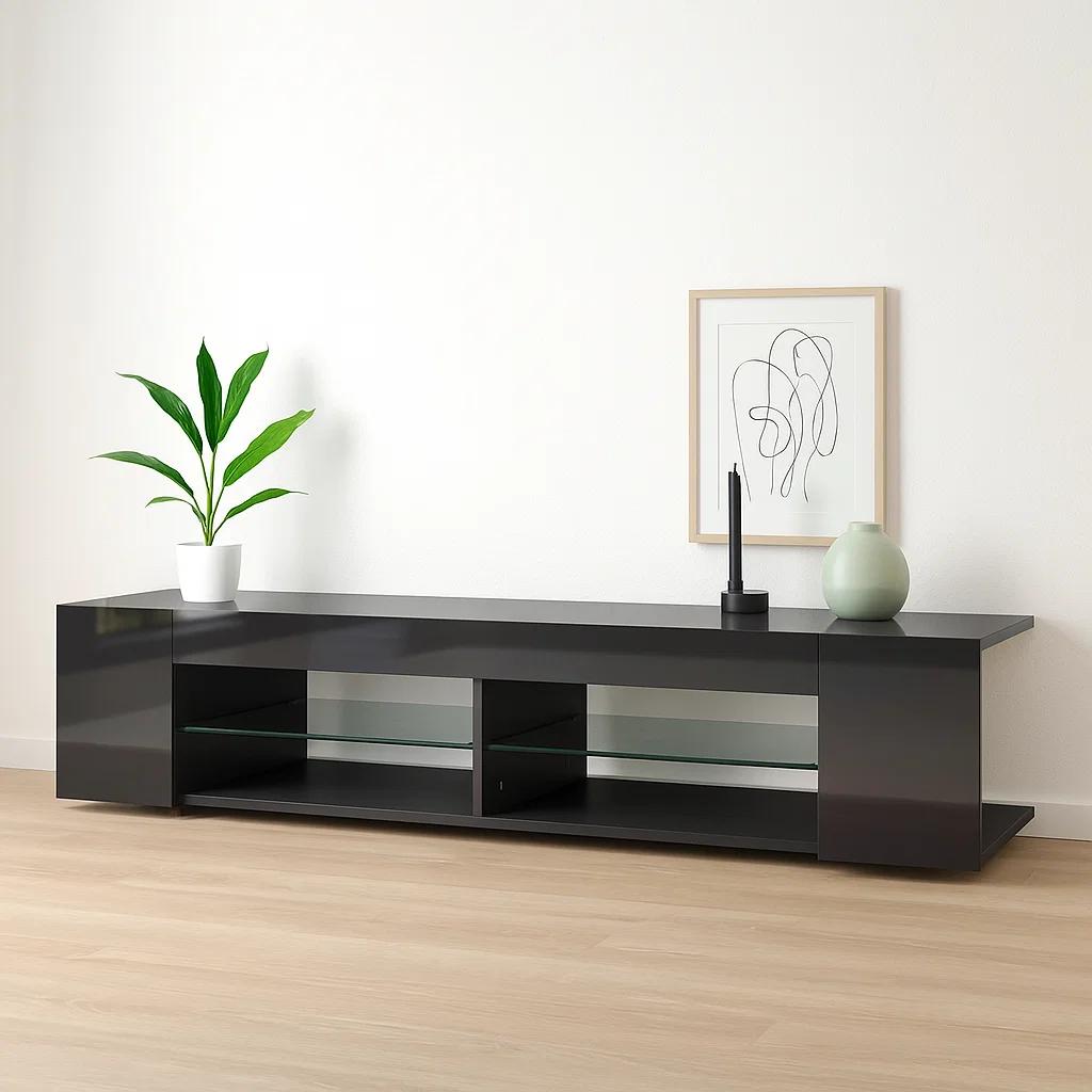 Mueble de TV Moderno Negro con Luces LED y Compartimentos