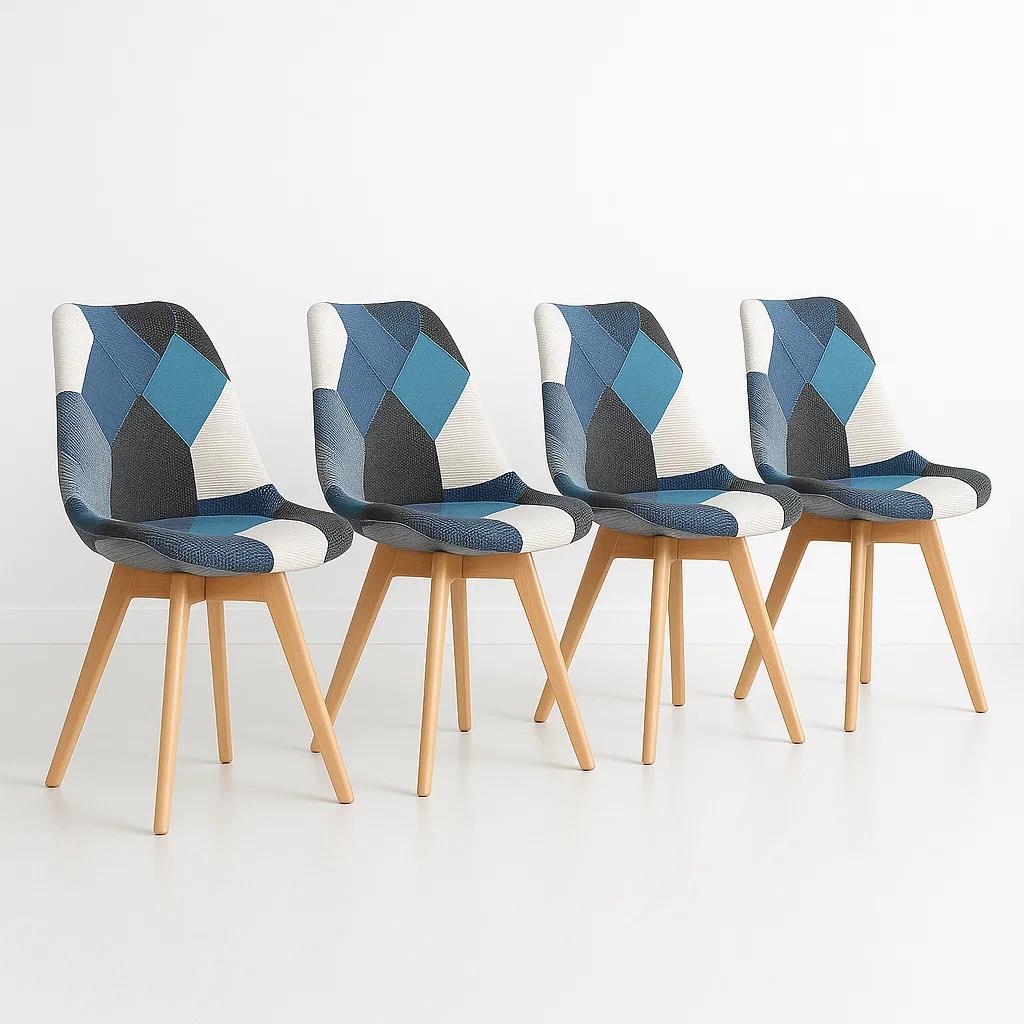 Pack de 4 Sillas Eames Patchwork Acolchada Tela Wood - Celeste