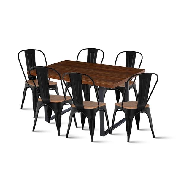 Comedor Industrial 140x90 Oscura + 6 Sillas Tolix Negras con Asiento de Madera Oscura Walnut