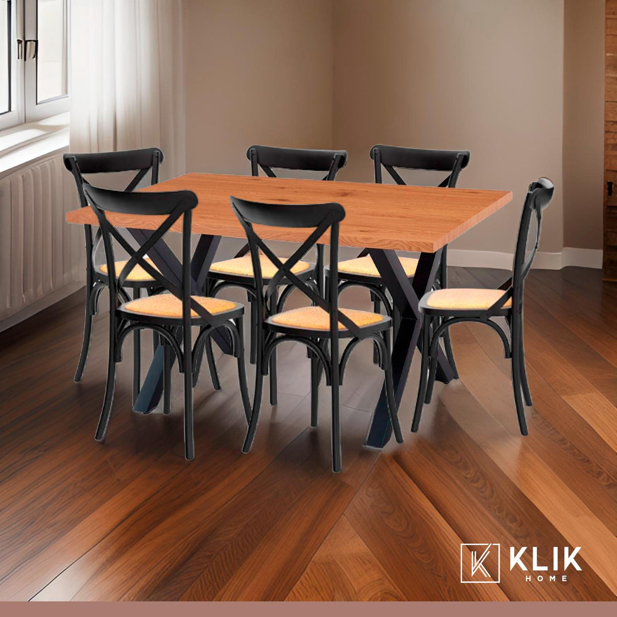 Comedor Mesa Color Madera y Metal Cross 140x90 + 6 Sillas Crossback Madera Rattan Negra