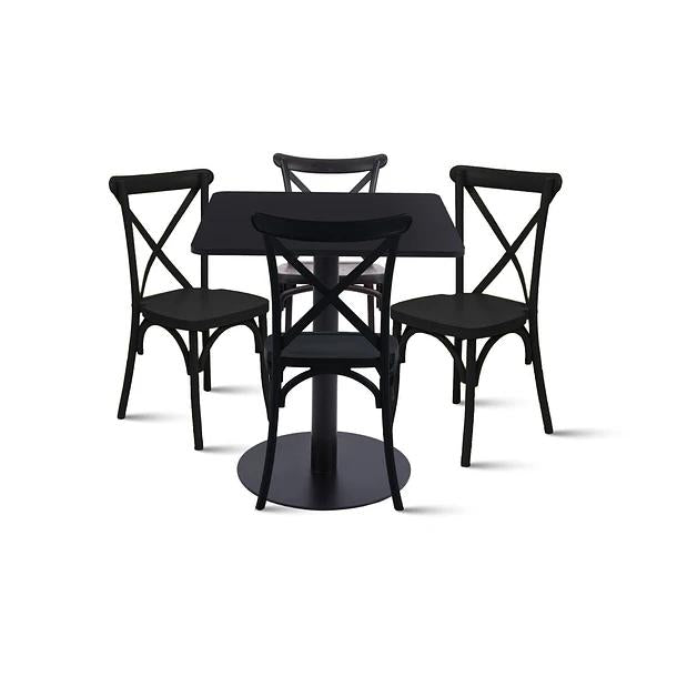 Mesa restaurant 70x70 Tubo Metal cubierta MDF + 4 Sillas Crossback Danubio - Negra