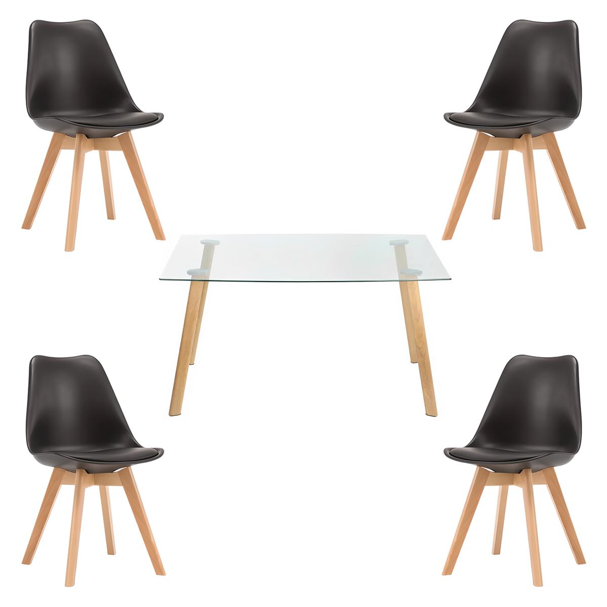 Comedor Mesa de Vidrio Nórdica 140x90 cm + 4 Sillas Tulip Negras