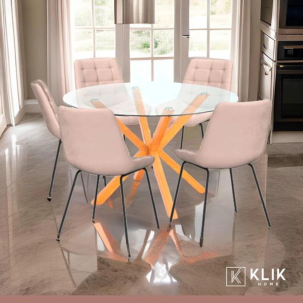 Mesa de comedor redonda de vidrio Cross 120cm + 5 Silla Macron Terciopelo - Beige