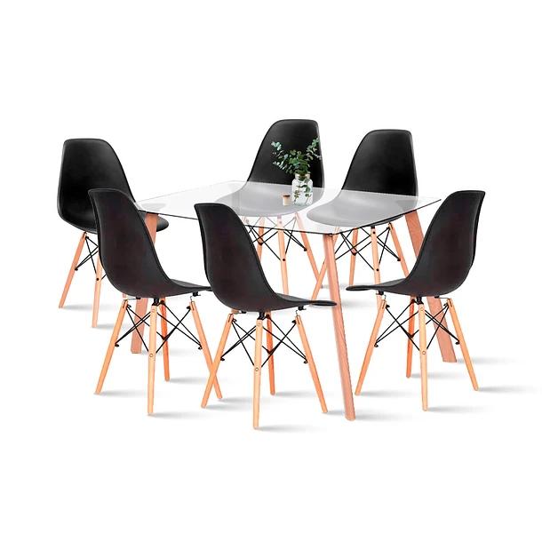 Comedor Mesa de Vidrio Nórdica 140x90 cm + 6 Sillas Eames Negras