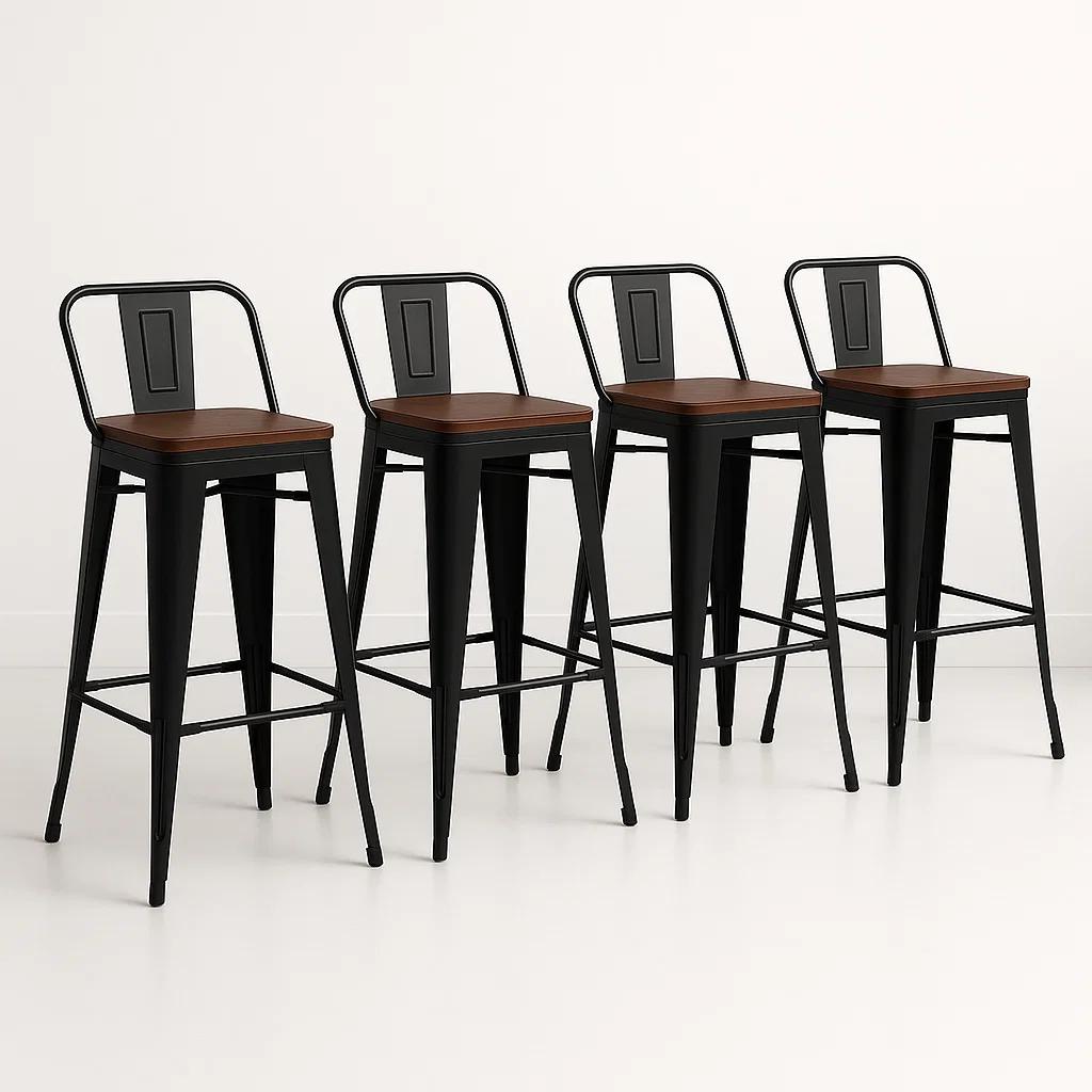 Pack de 4 Taburetes Tolix Con Asiento De Madera Oscura Walnut - Negros