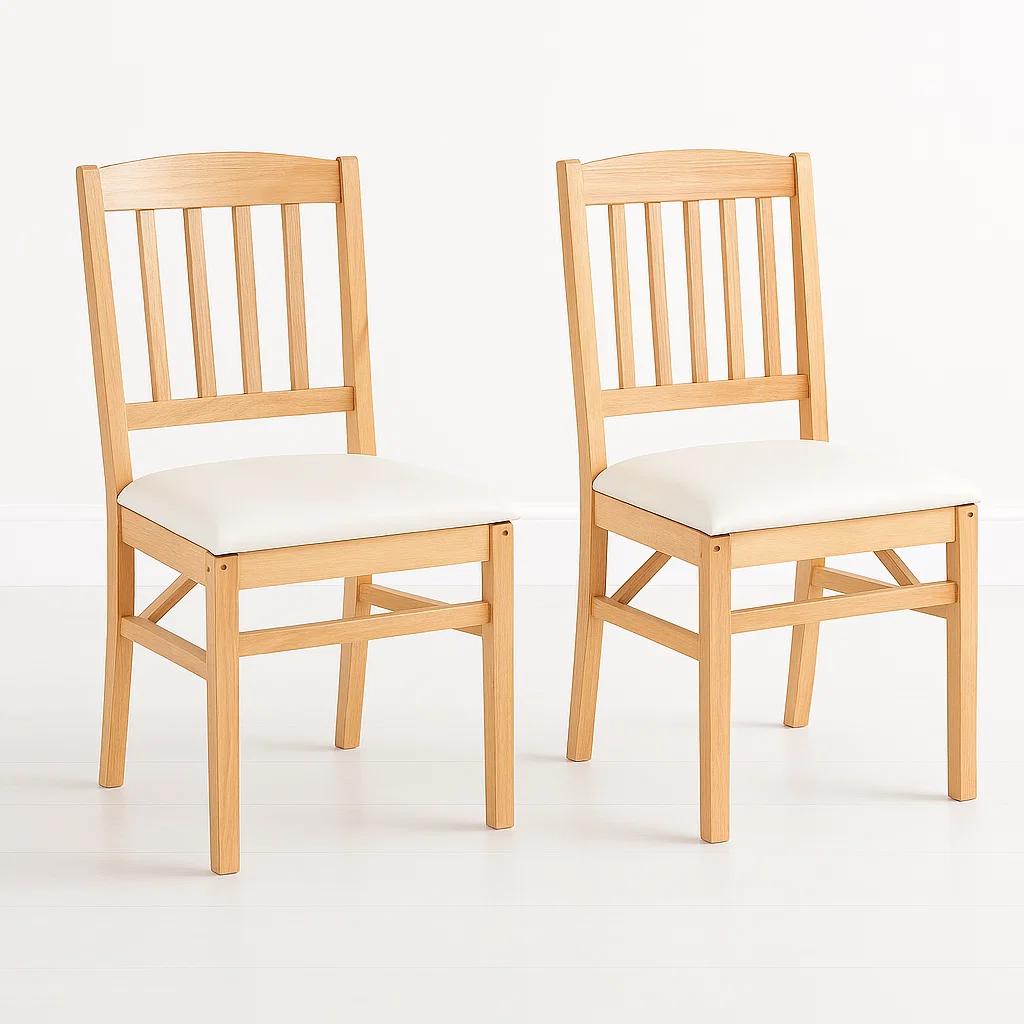 Pack de 2 Sillas Moderna Plegable de Madera Clara con Tapizado Neutro