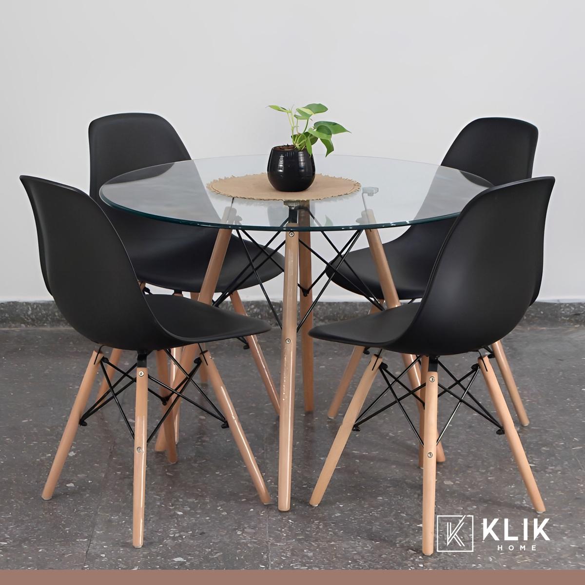 Comedor Mesa Eames Vidrio 100cm + 4 Sillas Eames Negras