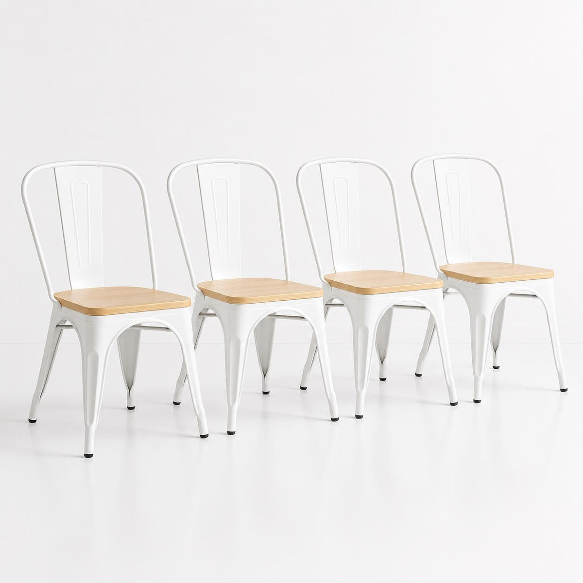 Pack de 4 Sillas Tolix con asiento de madera clara - Blanca