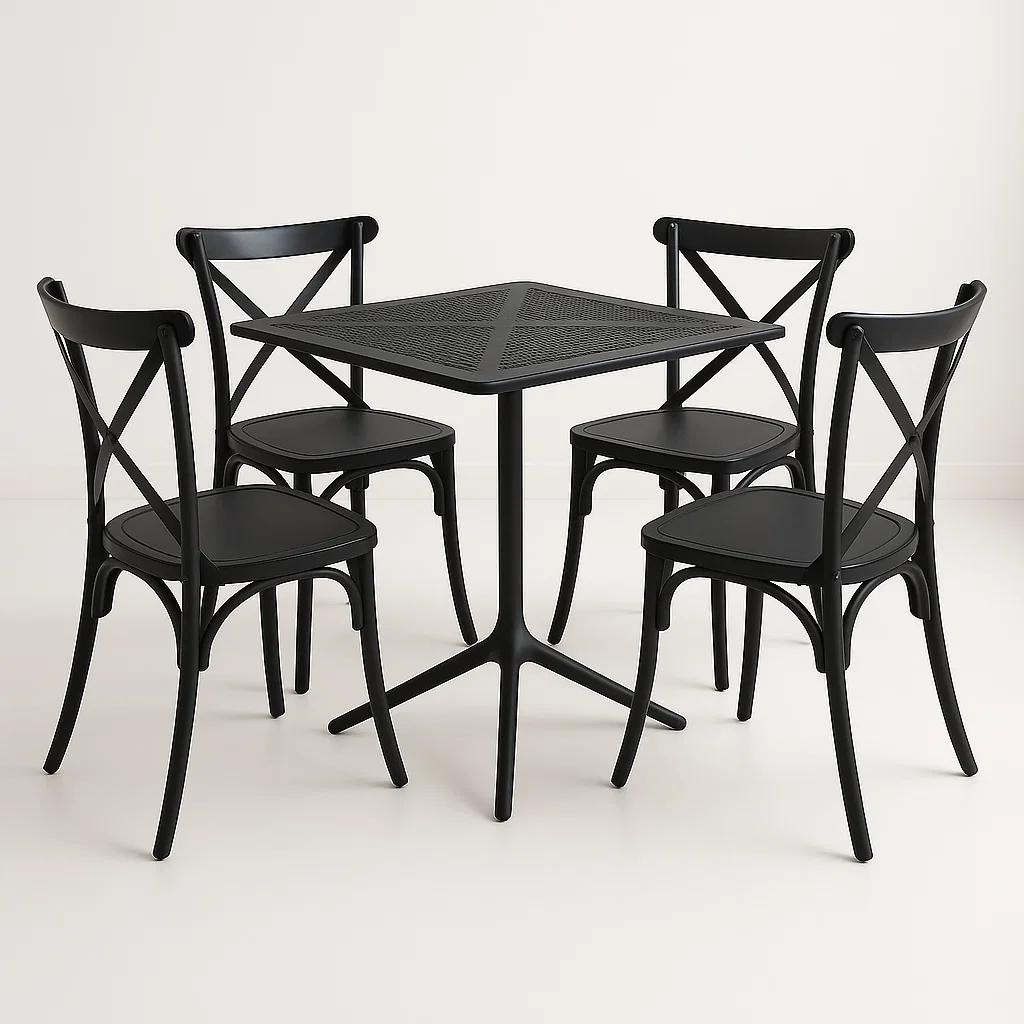 Mesa restaurant 80x80 Polipropileno + 4 Sillas Crossback Danubio - Negra