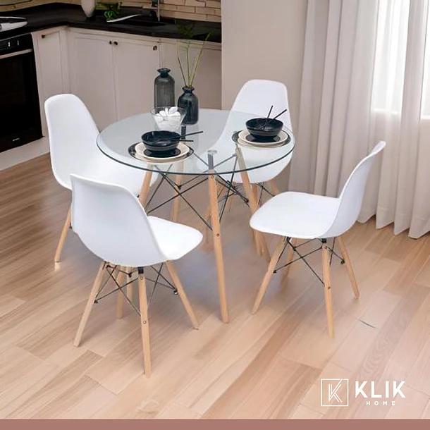 Comedor Mesa Eames Vidrio 80cm + 4 Sillas Eames Blancas