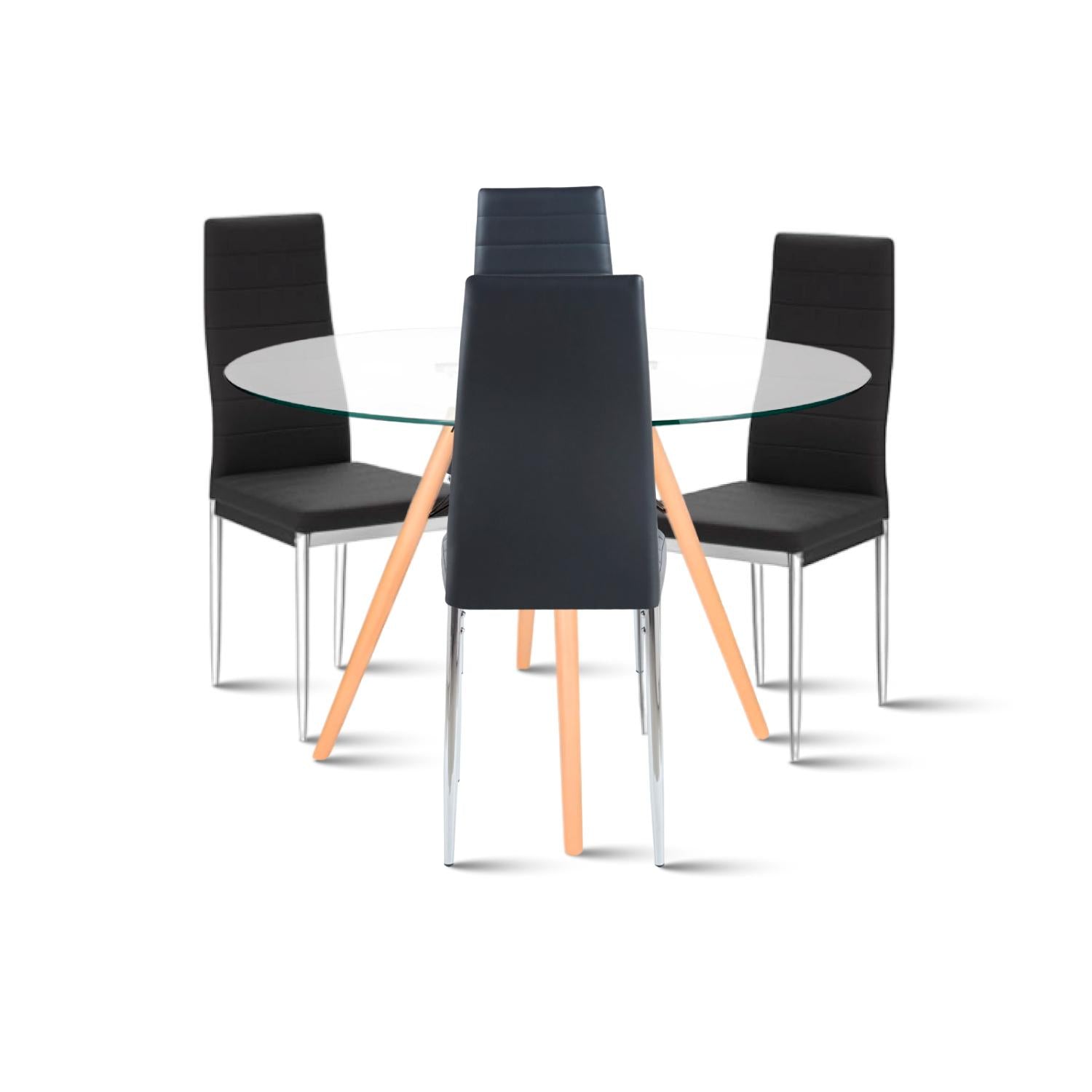 Comedor Mesa Eames 100cm redonda vidrio + 4 Sillas Dining Liana Acolchadas - Negras