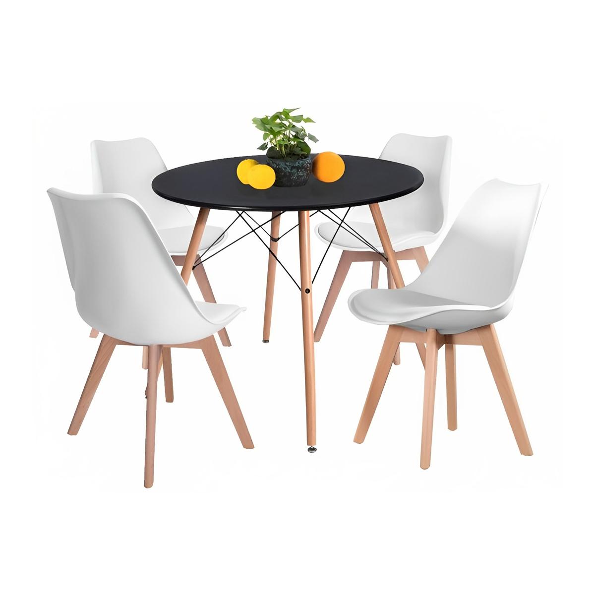Comedor Mesa Eames Negra Redonda 80cm + 4 Sillas Tulip Blancas