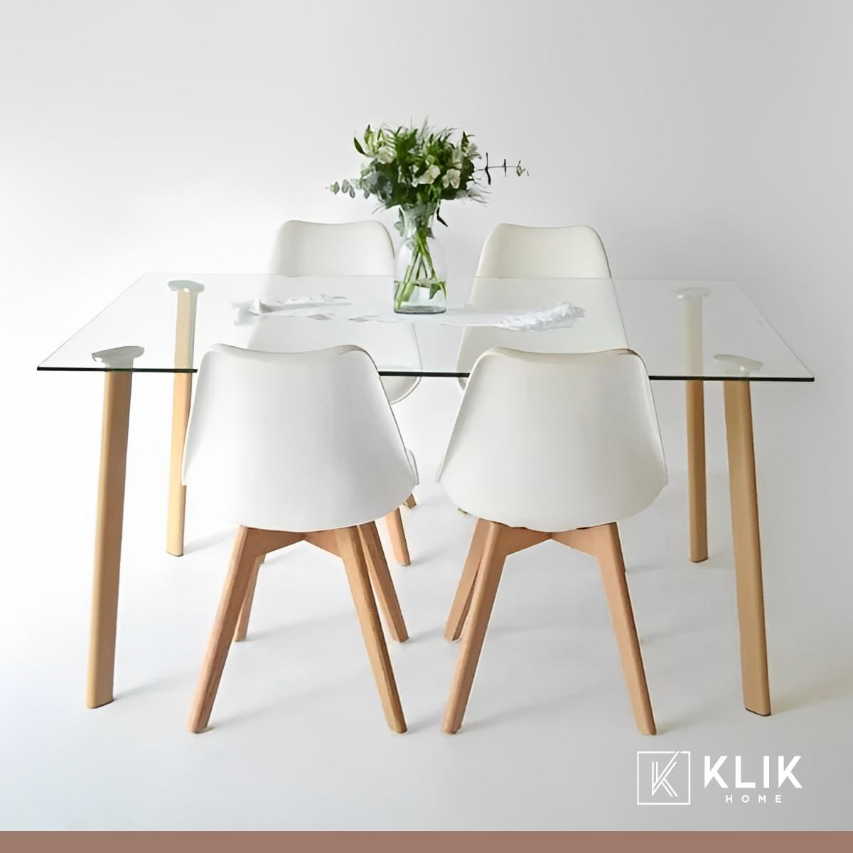 Comedor Mesa de Vidrio Nórdica 140x90 cm + 4 Sillas Tulip Blancas