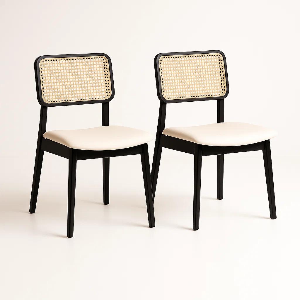 Pack de 2 Sillas de Comedor con Respaldo de Ratán y Asiento Tapizado - Beige