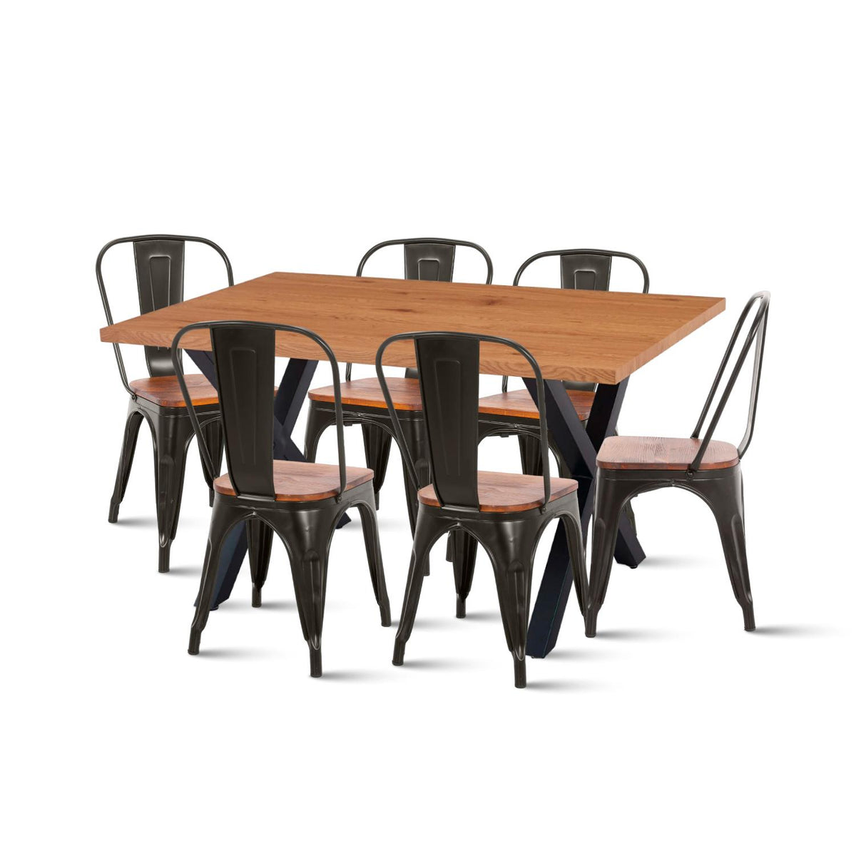 Comedor Color Madera y Metal Cross 140x90 + 6 sillas Tolix con asiento de madera Oscura - Negras