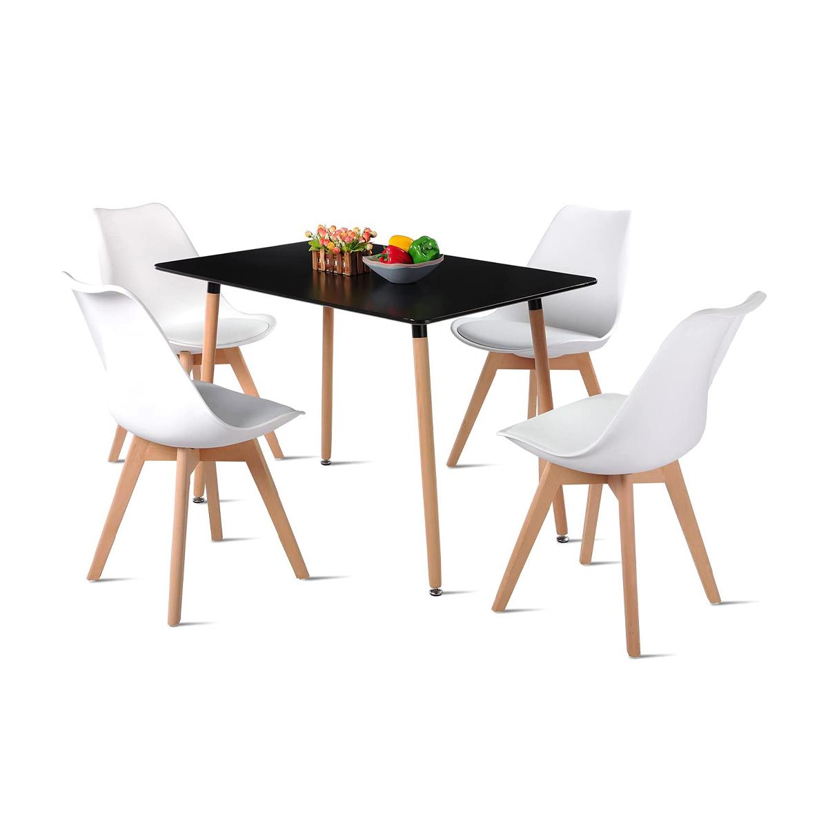 Comedor Mesa Rectangular Negra 120x80 + 4 Sillas Tulip Blancas