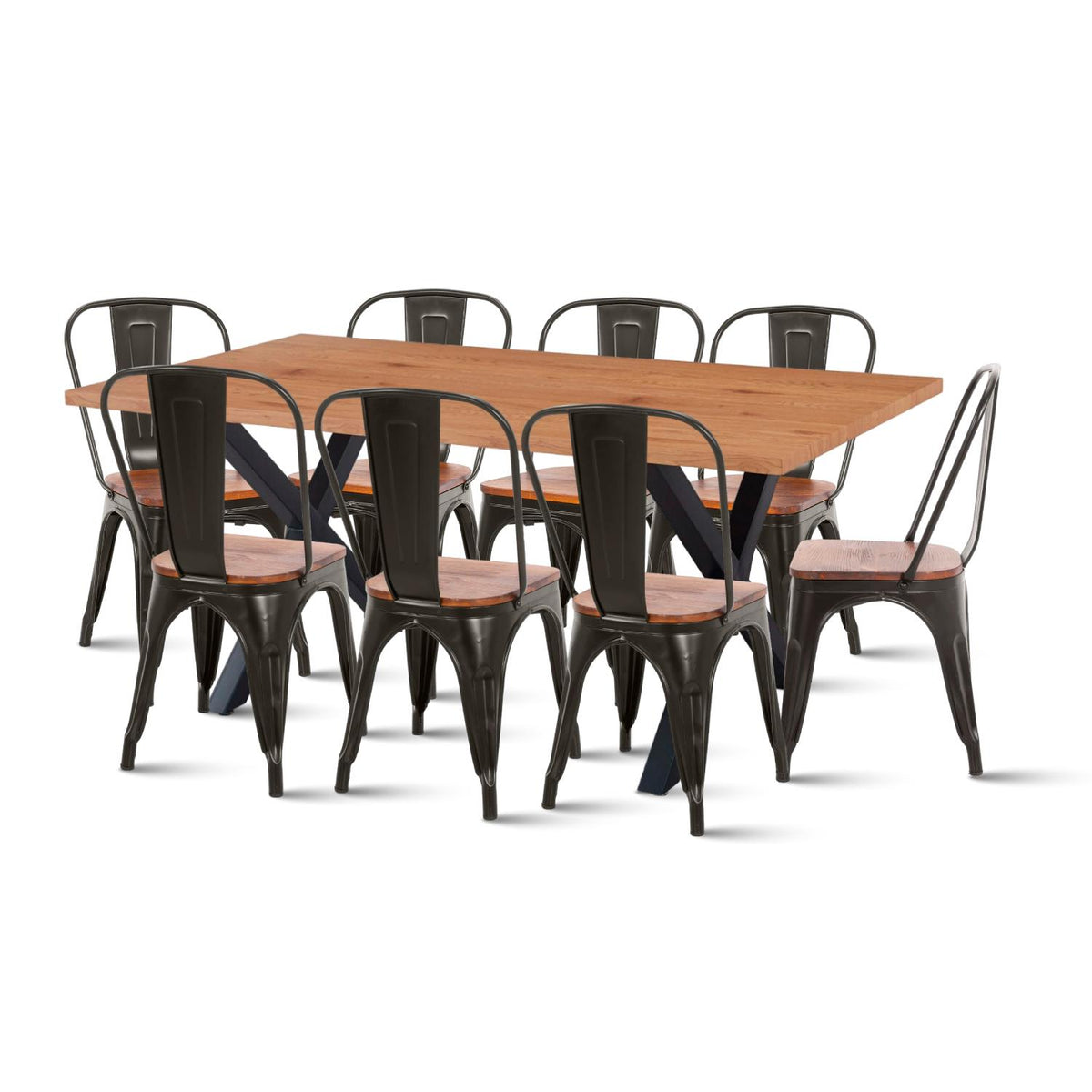 Comedor Color Madera y Metal Cross 180x90 + 8 sillas Tolix con asiento de madera Oscura - Negras