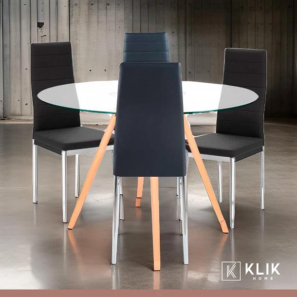 Comedor Mesa Eames 100cm redonda vidrio + 4 Sillas Dining Liana Acolchadas - Negras