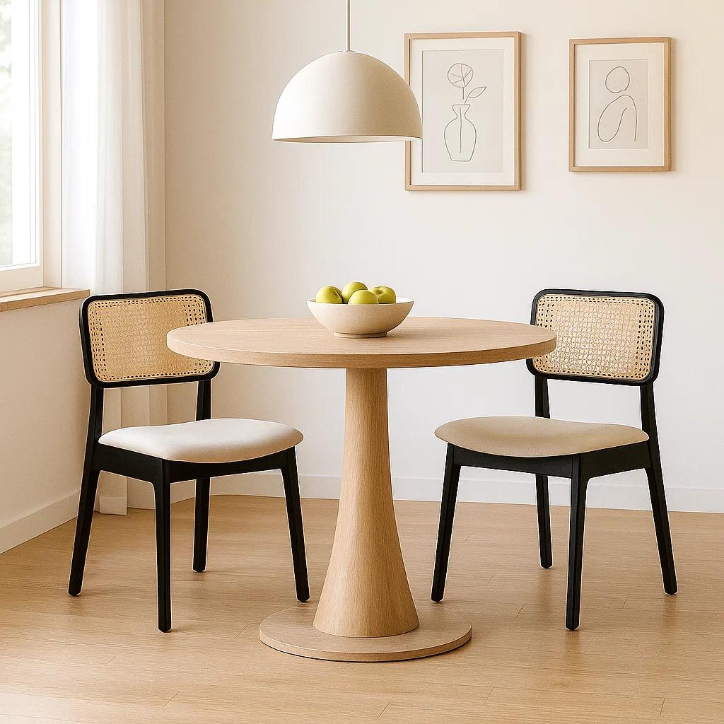 Pack de 2 Sillas de Comedor con Respaldo de Ratán y Asiento Tapizado - Beige
