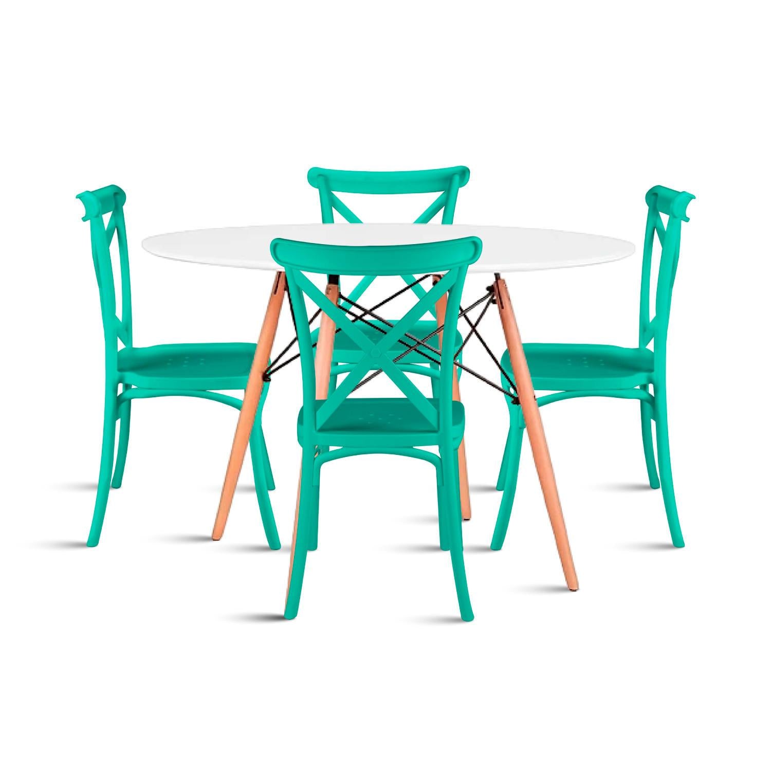 Comedor Eames 80cm redonda Blanca + 4 Sillas Crossback Danubio Menta