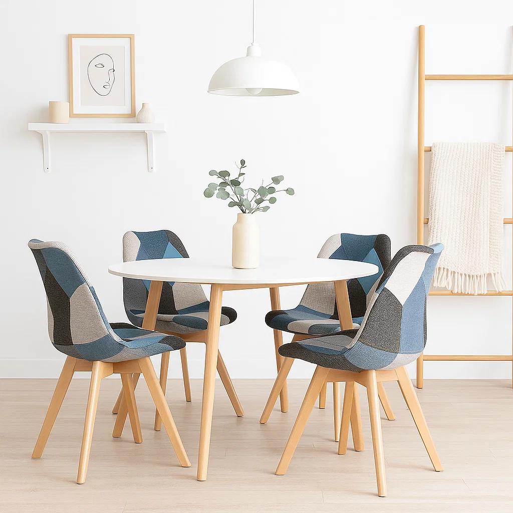 Pack de 4 Sillas Eames Patchwork Acolchada Tela Wood - Celeste