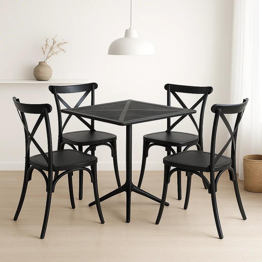 Mesa restaurant 80x80 Polipropileno + 4 Sillas Crossback Danubio - Negra