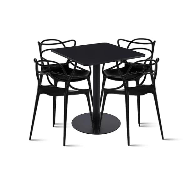Mesa restaurant 70x70 Tubo Metal cubierta MDF + 4 Sillas Master Negras