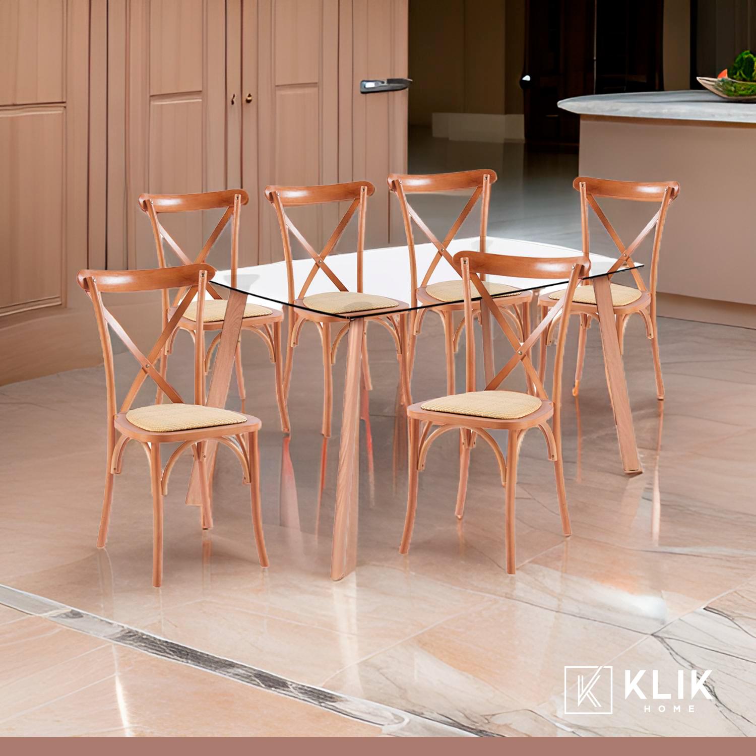 Comedor mesa de vidrio nórdica 140x90 cm + 6 sillas Crossback Madera