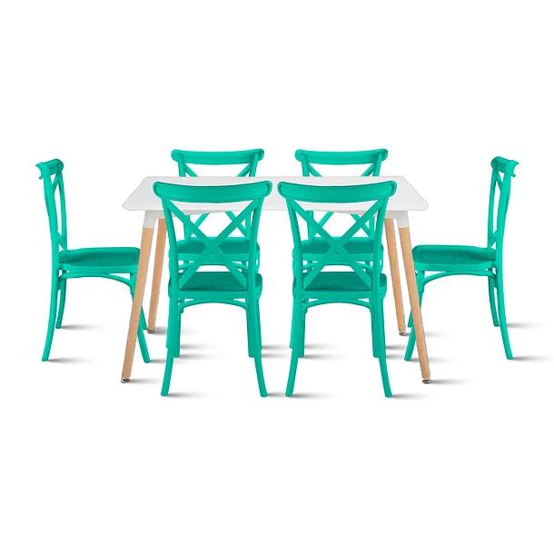 Comedor Rectangular Blanca 120x80cms + 6 Silla Crossback Danubio Menta