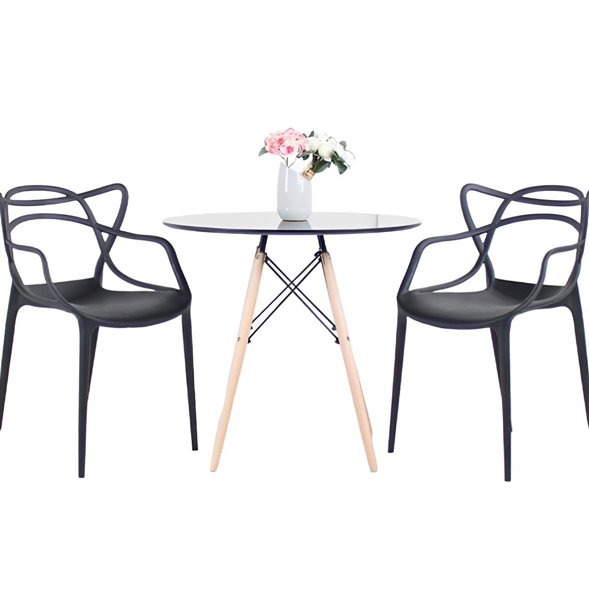 Comedor Terraza - 2 Sillas Master Negras y Mesa Eames de Vidrio 80cm
