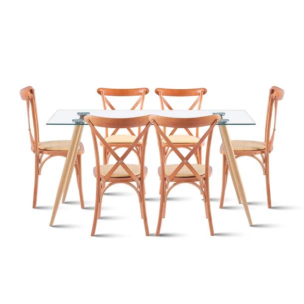 Comedor Mesa de Vidrio Rectangular 120x80 + 6 Silla Crossback Madera
