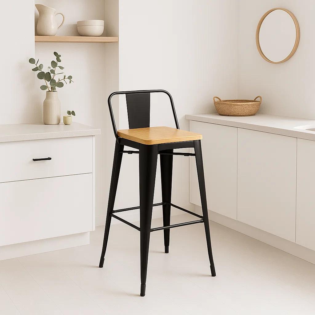 Pack de 2 Taburetes Tolix Con Asiento De Madera Clara - Negros