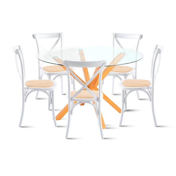 Comedor redonda vidrio Cross 120cm + 5 Silla Crossback Madera Blanca