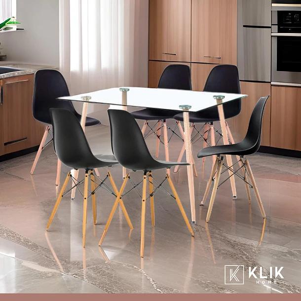 Comedor Mesa de Vidrio Rectangular 120x80 + 6 Sillas Eames Negras