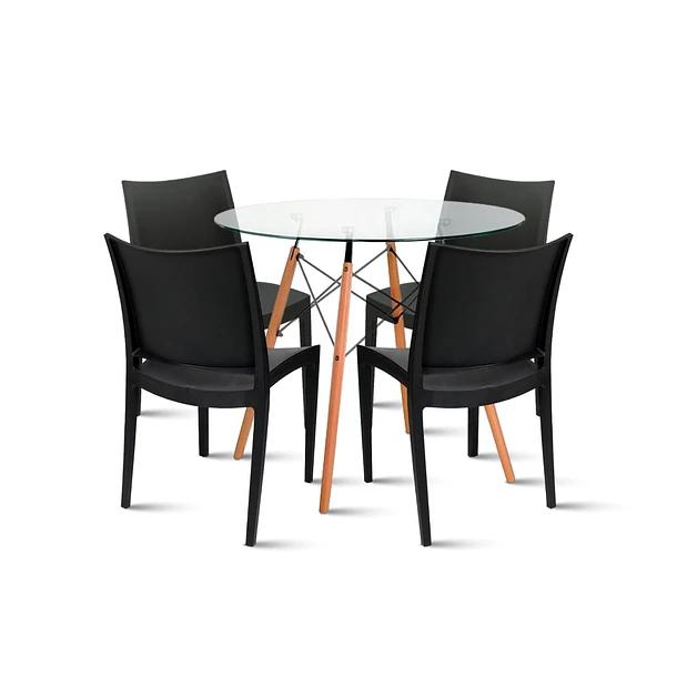 Comedor Mesa Eames de vidrio 100cm + 4 Sillas de terraza exterior - Negras